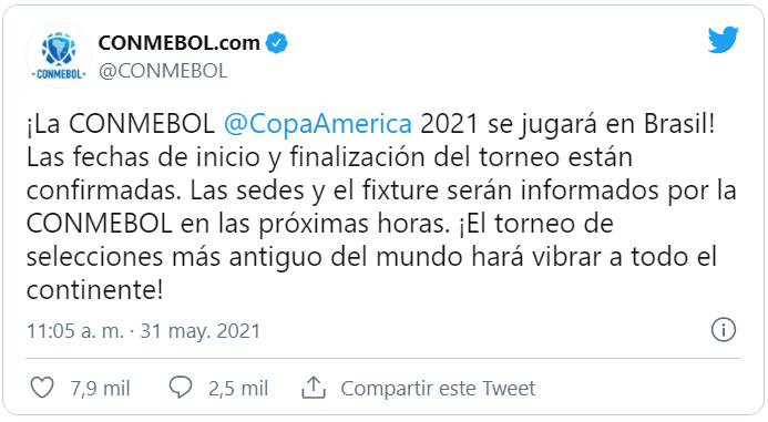 La Copa América 2021 se jugará en Brasil