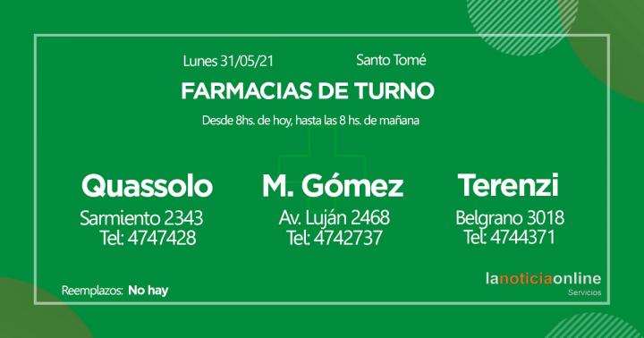 Farmacias de turno - Lunes 31 de mayo de 2021