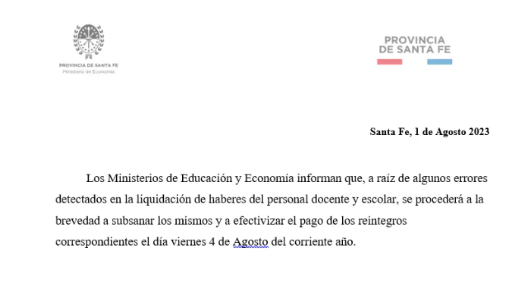 Descuentos a docentes: el gobierno provincial se comprometió a subsanar el error y reintegrar el próximo viernes