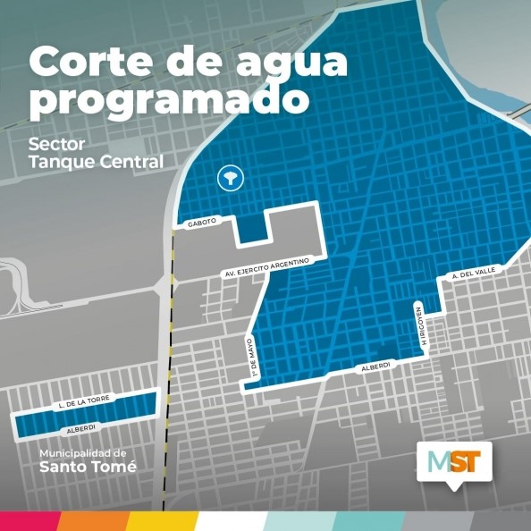 Corte de agua programado en el sector abastecido por el tanque central
