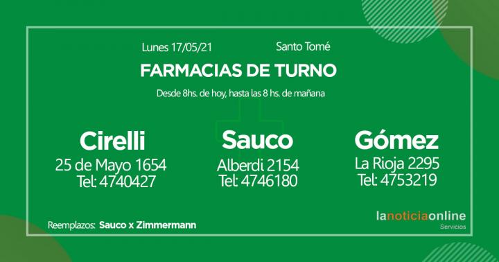 Farmacias de turno - Lunes 17 de mayo de 2021