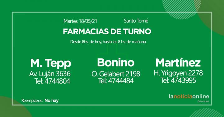 Farmacias de turno - Martes 18 de mayo de 2021